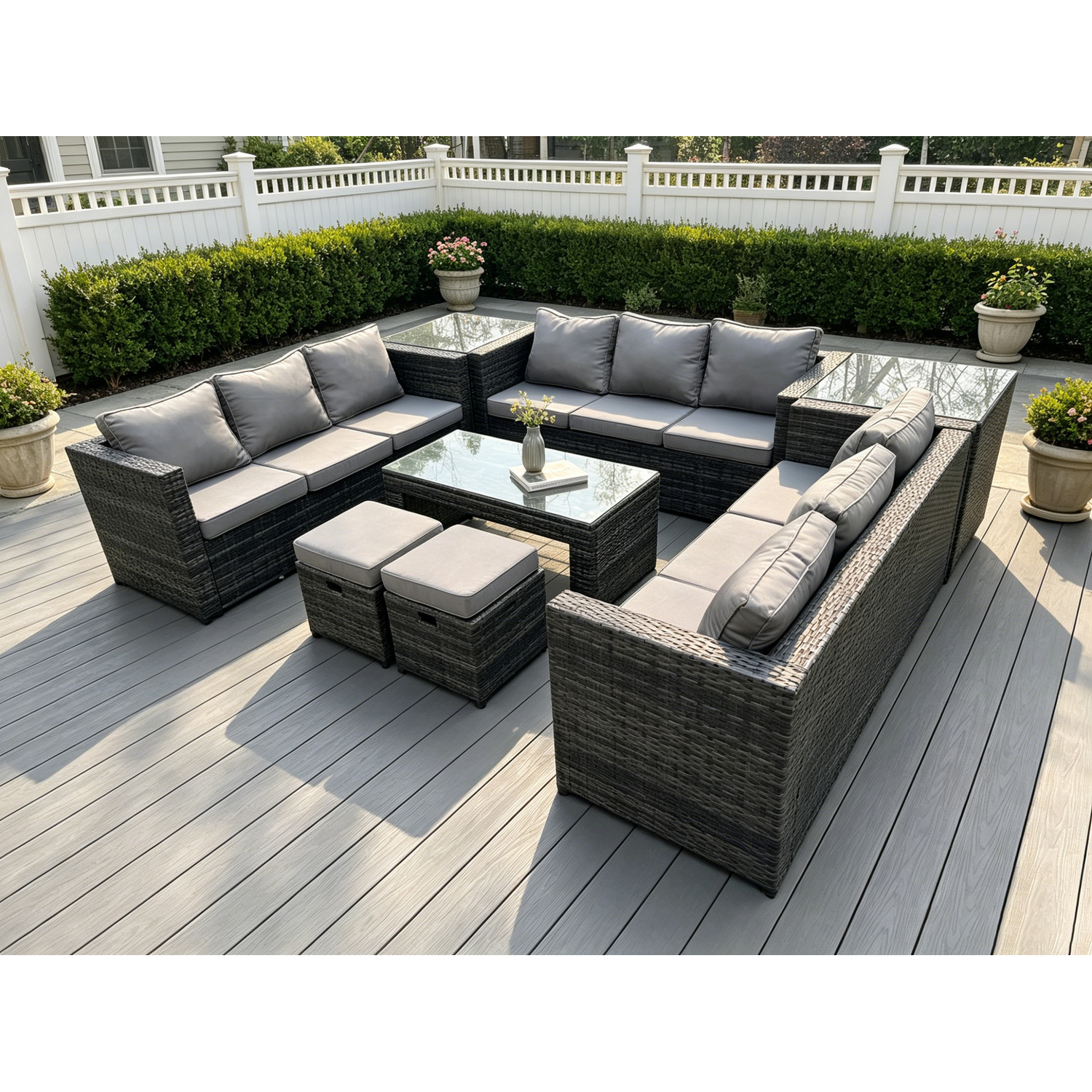 Fimous Unisex Dark Grey Outdoor Rattan Garden Furniture Lounge Sofa Set With Oblong Rectagular Coffee Table Stools In Size 2 - Image 2