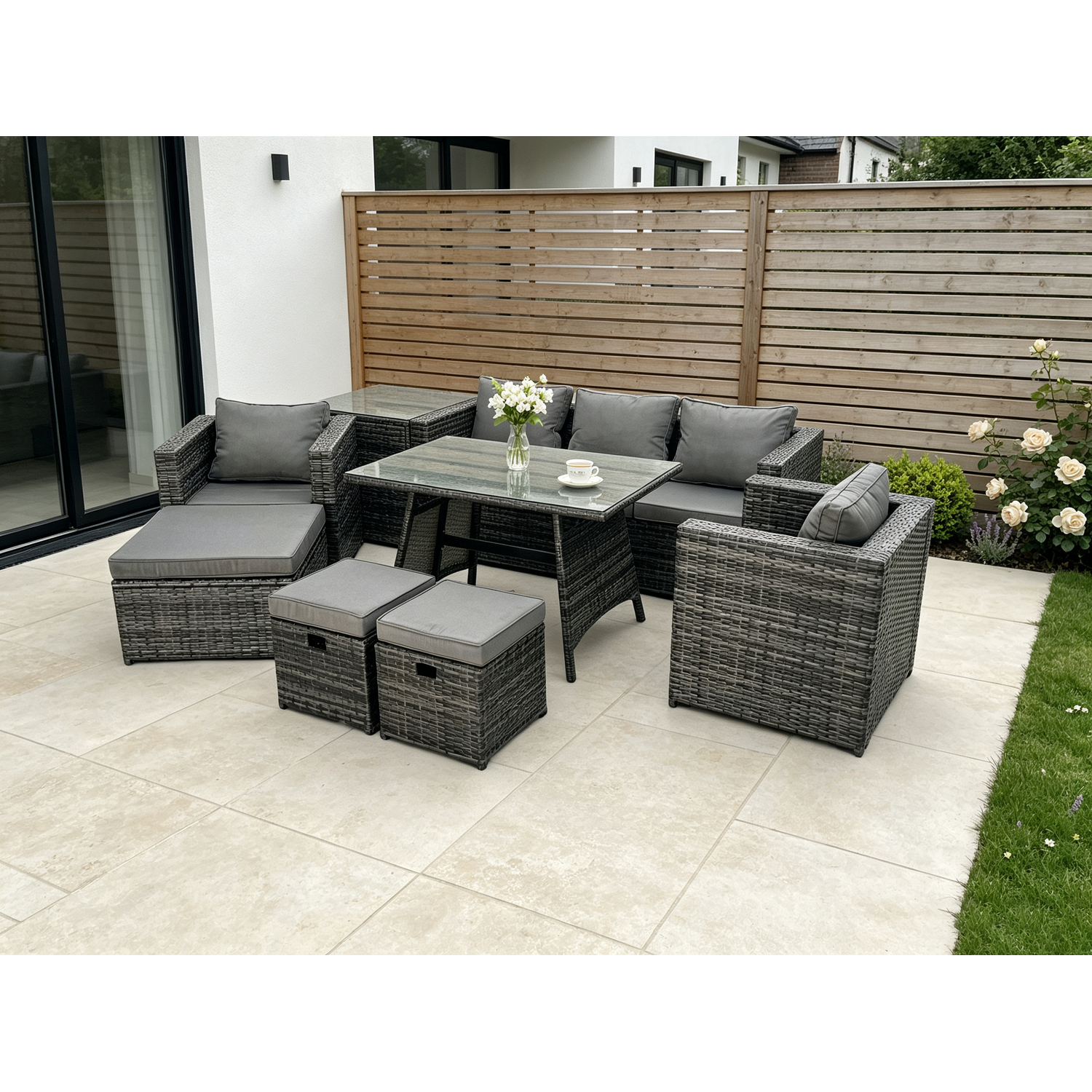 Rackhams Dark/Grey Rattan Outdoor Furniture Sofa Garden Dining Set With Dining Table 2 Armchairs Side Table 3 Stools 8 Seater Mixed - Image 2