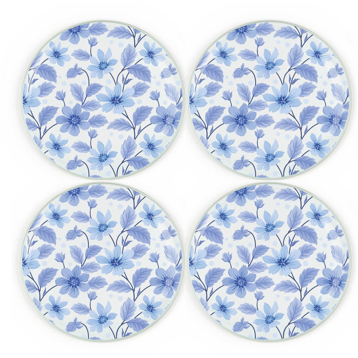 Monochrome Blue Flowers Coaster Set - Glass Round Floral Coasters Gift - Image 3