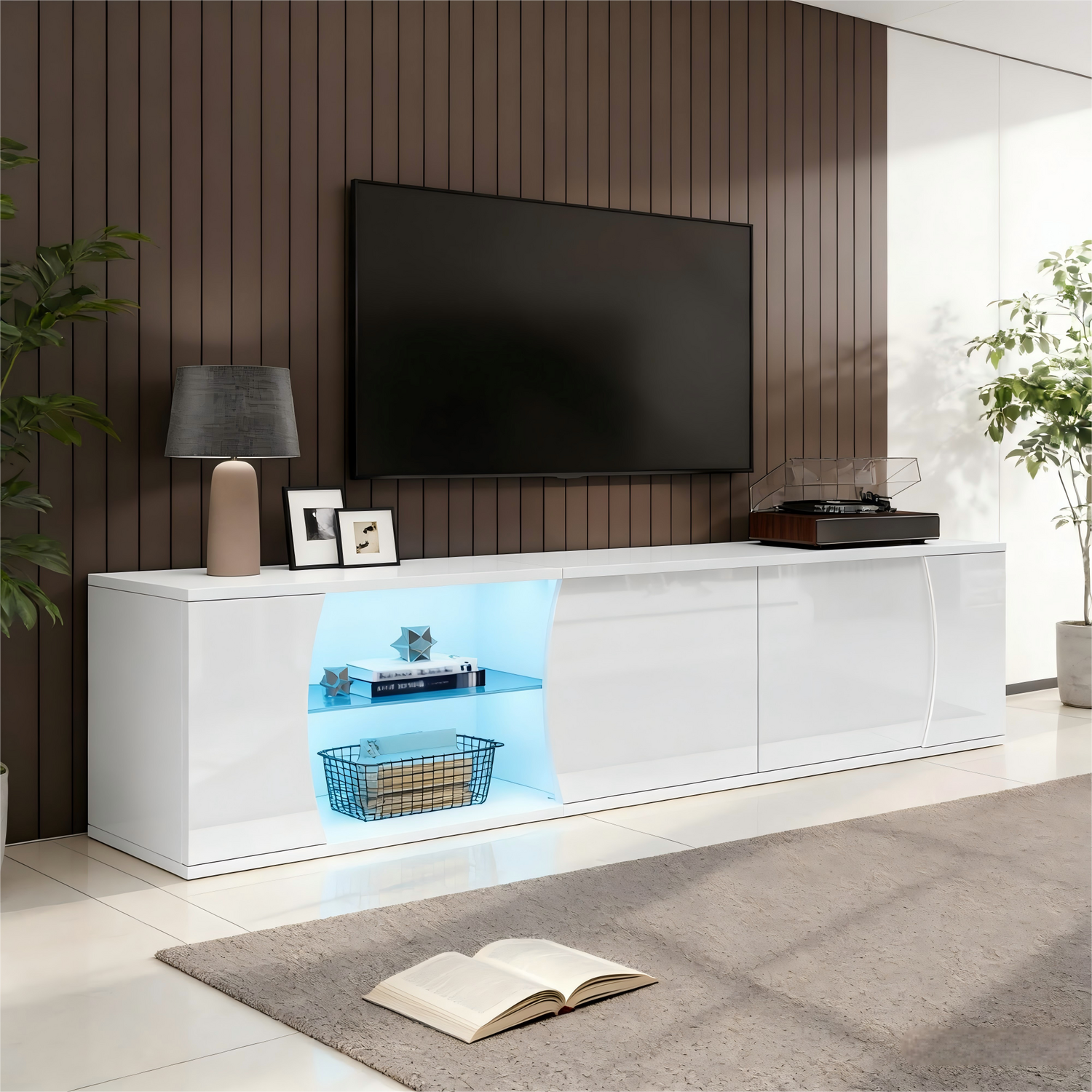 Aka Tv Stand With 3 Cabinet Doors, Tempered Glass Storage And Led Lights - White