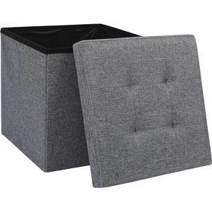 Storage Ottoman Padded Foldable Bench Chest with Lid, Dark Grey Linen, Small