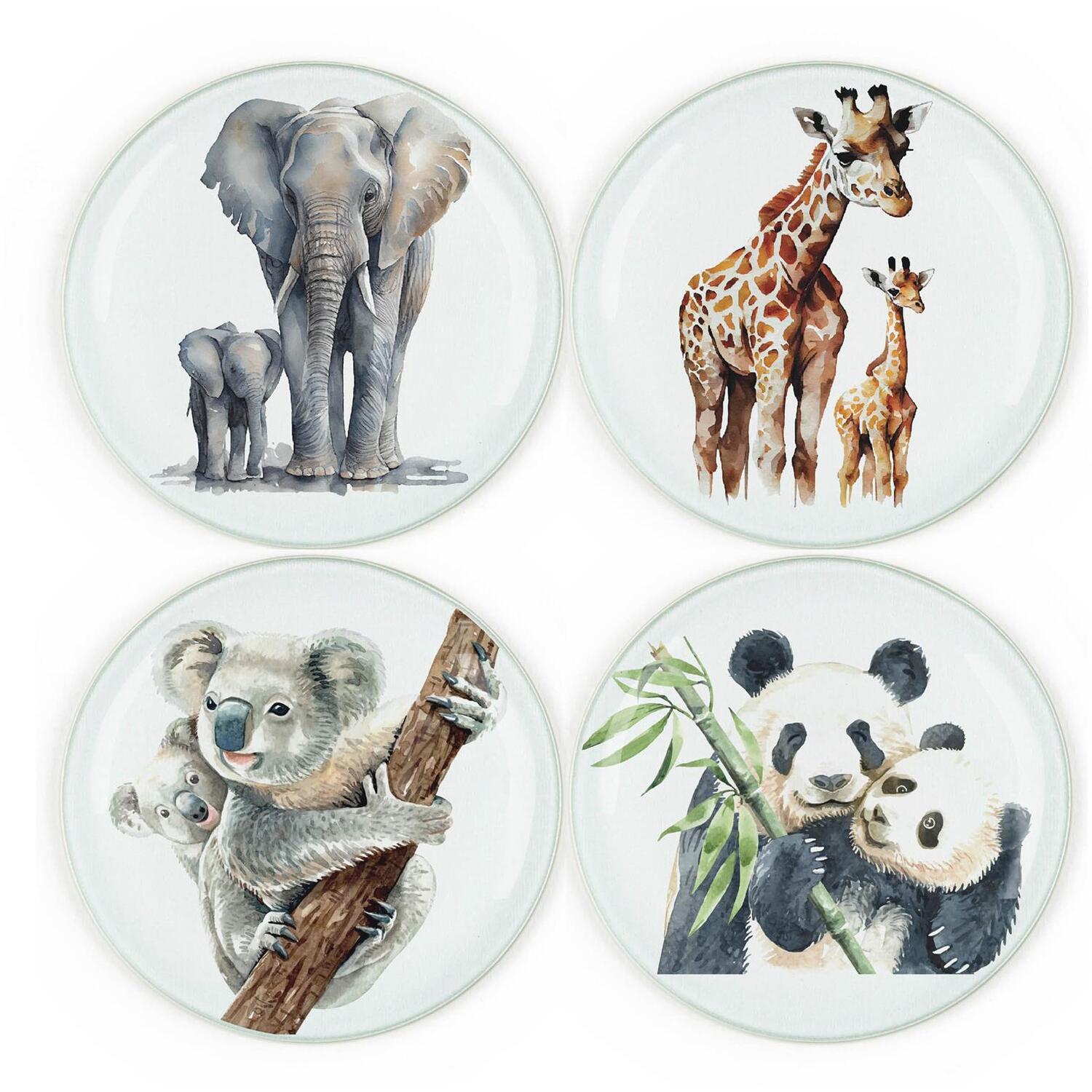 Purely Home Safari Animals Coaster Set - Round Glass Wild Animals Drink Coaster Set Of 4 - Brown