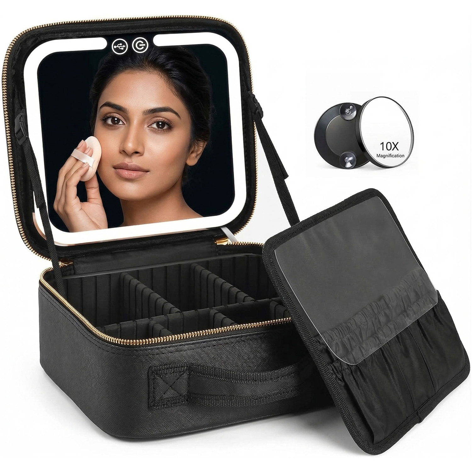 Dragodirect Travel Makeup Organizer With Led Mirror, Waterproof Cosmetic Bag - Black
