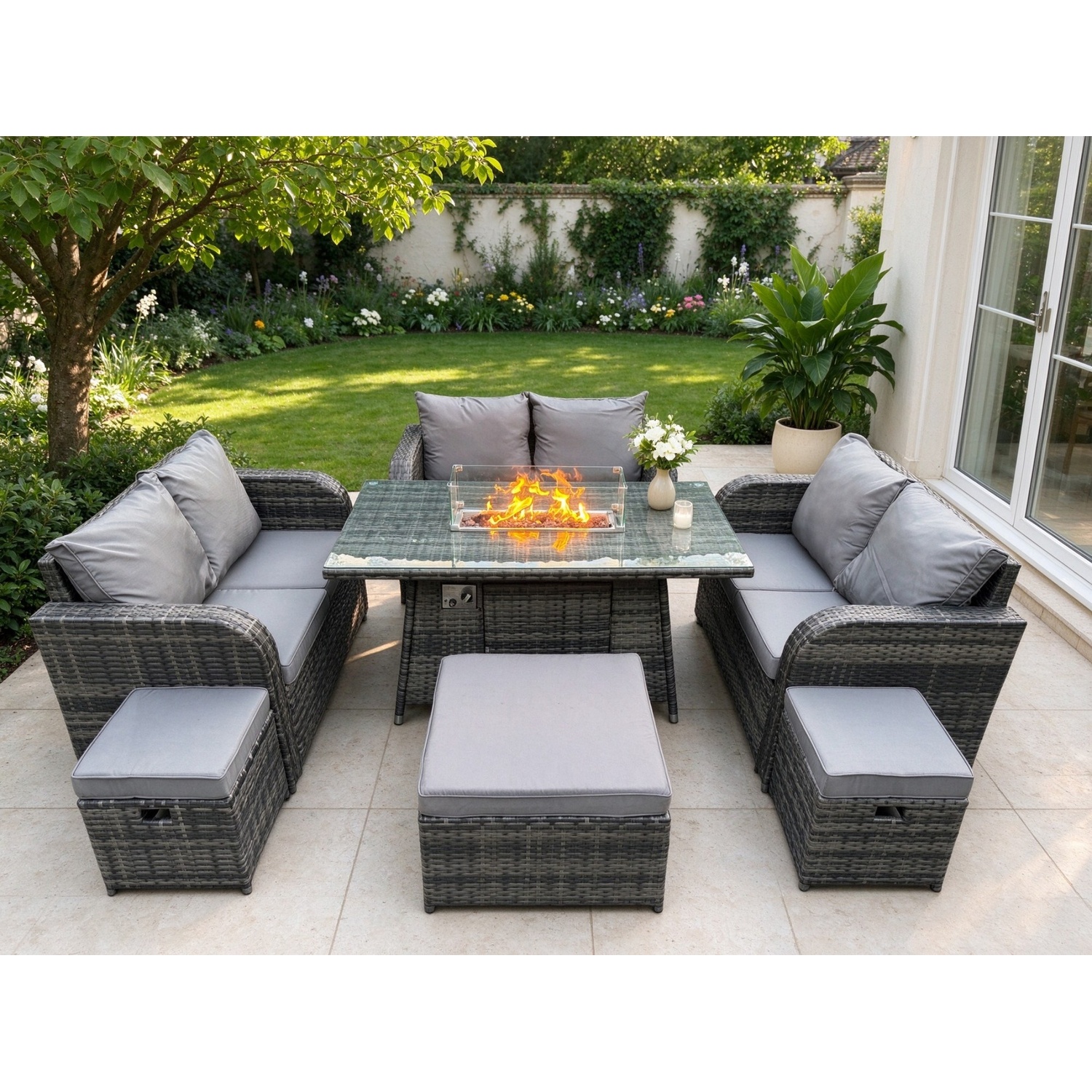 Fimous Unisex Dark Grey Seater Outdoor Rattan Furniture Garden Dining Set Gas Fire Pit Table With Love Sofa 3 Footstools Mixed Size 9 - Image 2