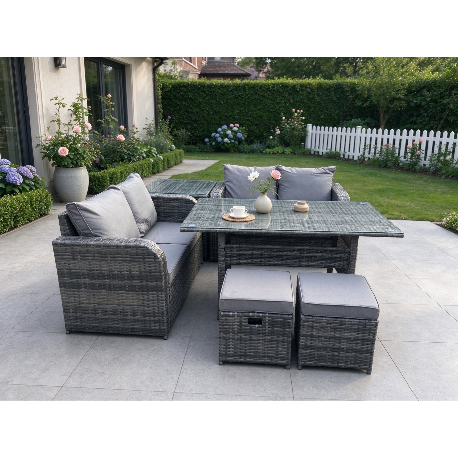 B&Q - Garden Patio Furniture Wicker Rattan Oblong Rectangular Dining Table And Loveseat Sofa Set With Side Table - Image 2