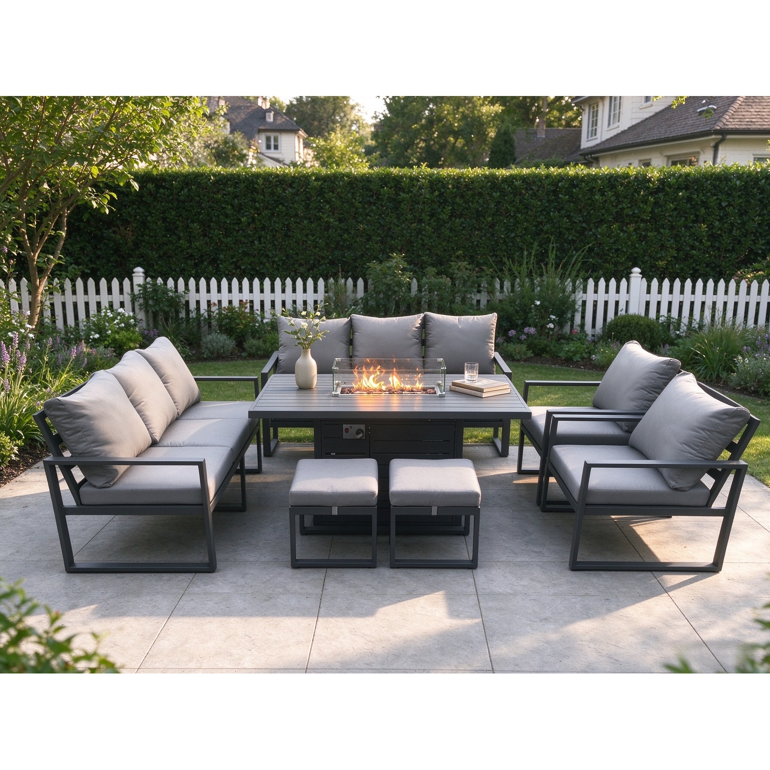 Rackhams Dark/Grey Aluminium Outdoor Garden Furniture Set Patio Lounge Sofa Gas Fire Pit Dining Table Set With 2 Small Footstools - Image 2
