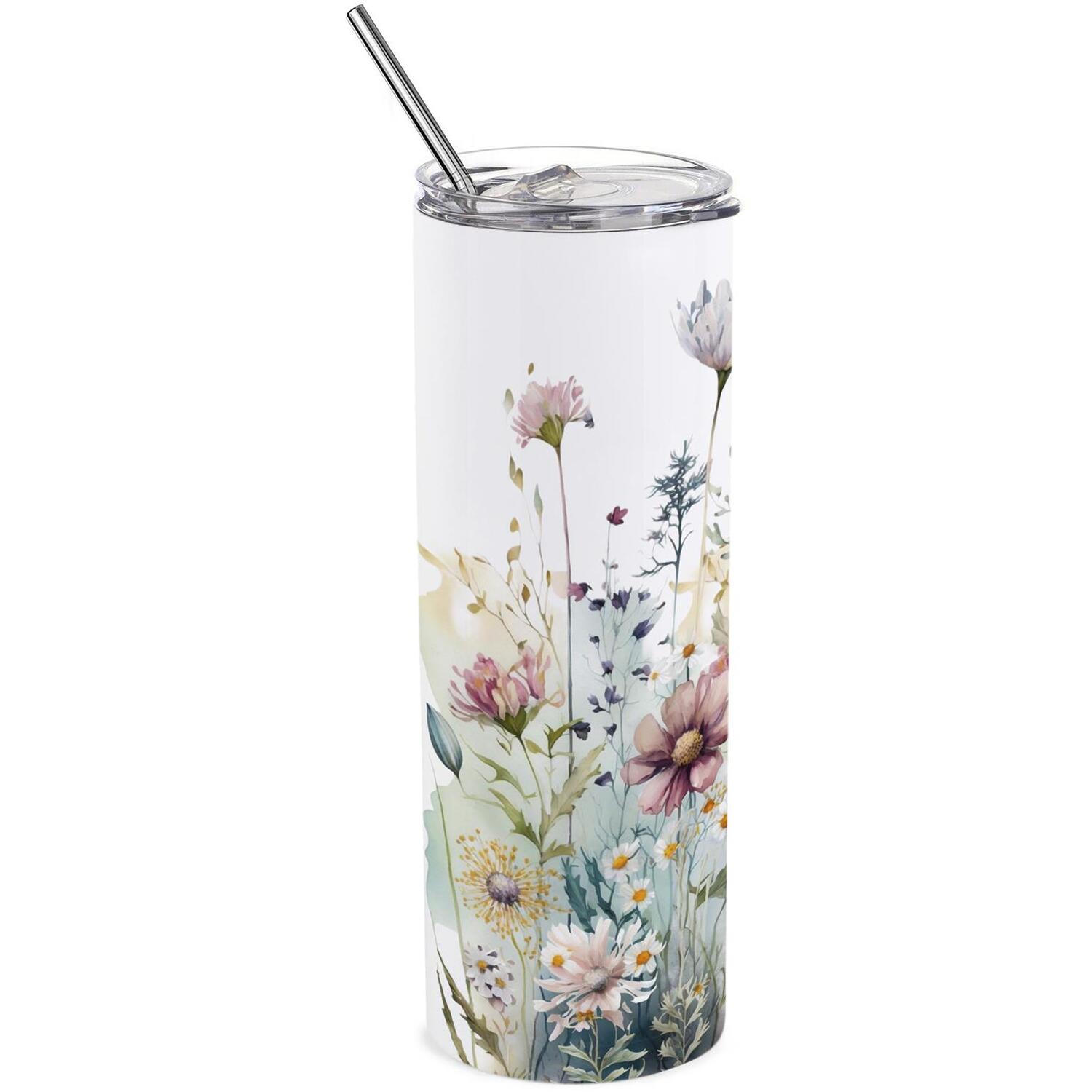B&Q -  Wildflowers Travel FlaskFloral Meadow Watercolour GiftStainless Steel Vacuum-Sealed Double-Walled Drinks Cup With Straw - Image 3