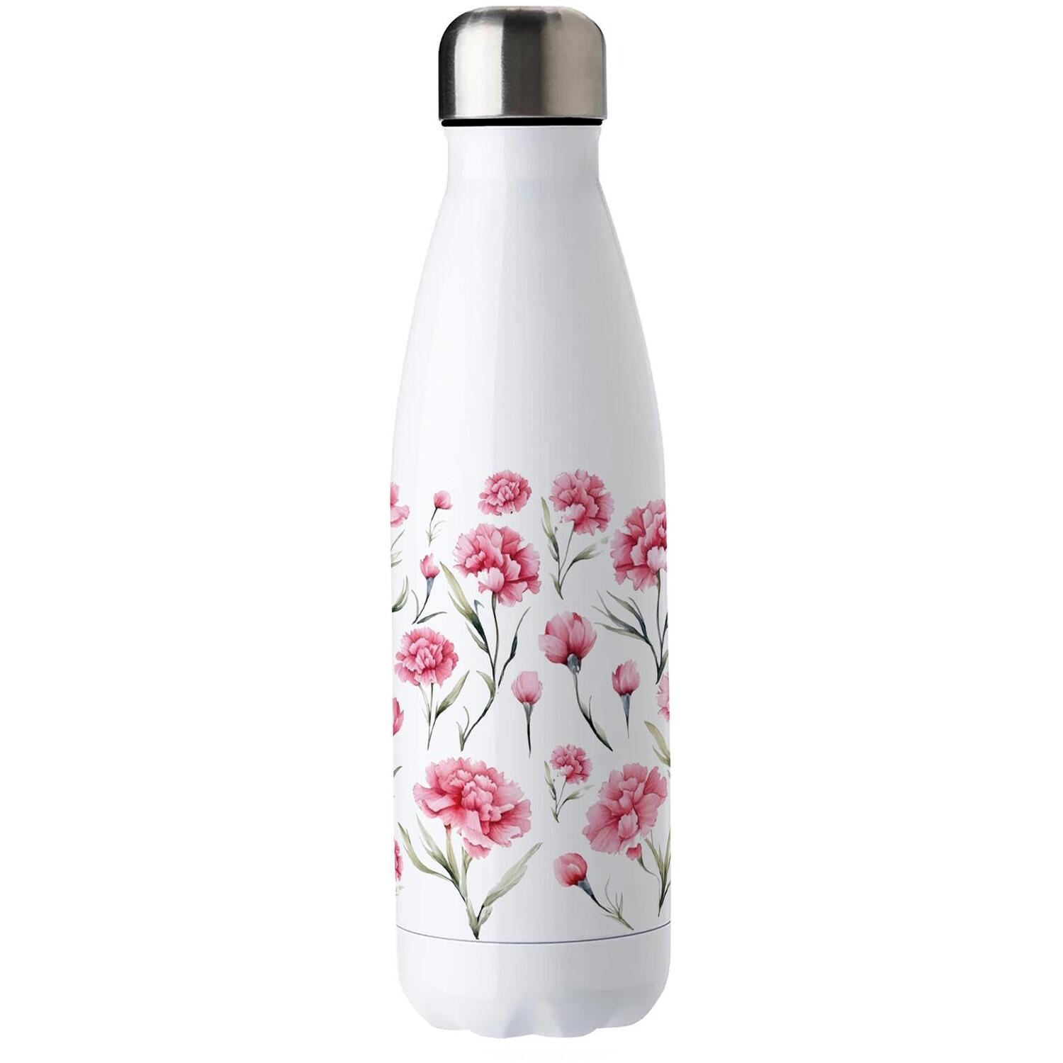B&Q -  Pink Floral Stainless Steel Water BottlePretty Pink Carnations Gift For HerDouble Walled 500Ml Metal Hot/cold Drinks Bottle - Image 3