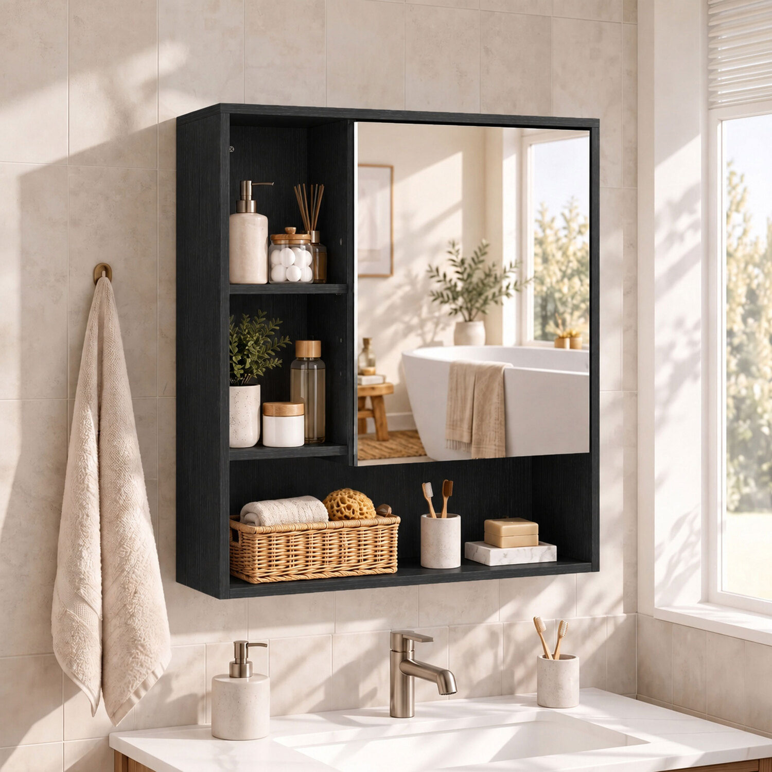 Rackhams Black Bathroom Mirror Cabinet, Wall-Mounted, Adjustable Shelves - Image 2