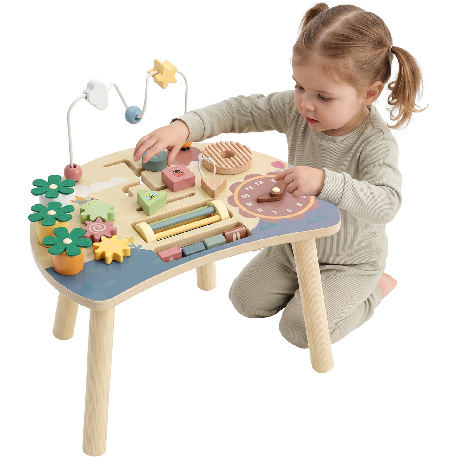 Aiyaplay Multicolored Wooden Baby Activity Table For 1-3 Years, 6-In-1 Montessori Activity Table With Gears, Bead Maze, Rotating Clock - Image 3