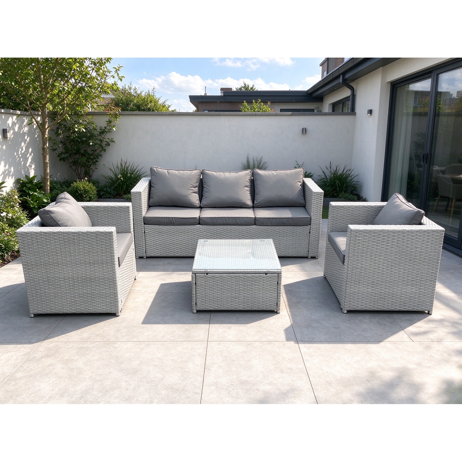 Fimous 5 Seater Rattan Garden Furniture Set With 3 Seater Sofa 2 Chair Square Coffee Table Light Grey Mixed - Image 3