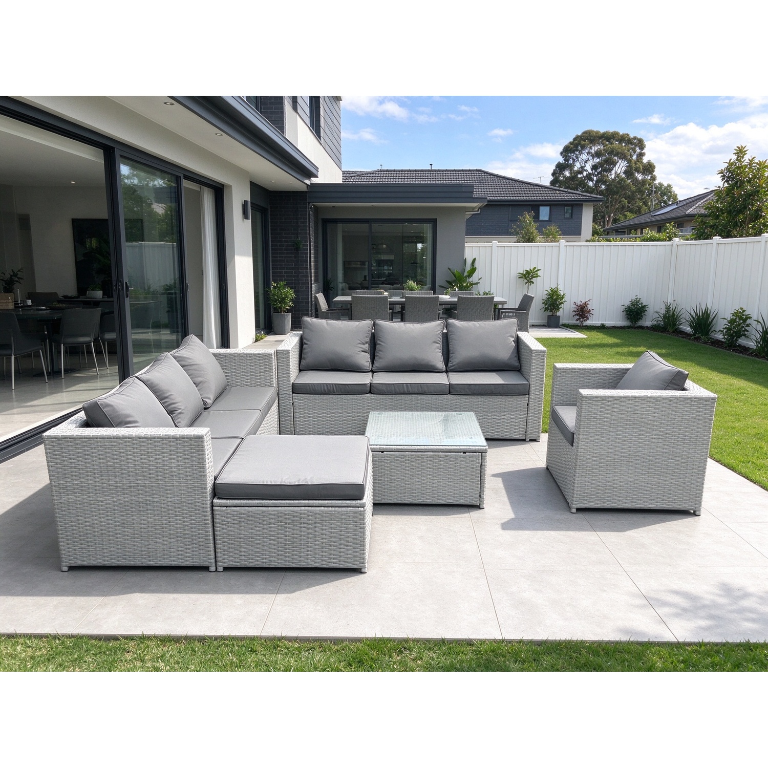 Fimous Light/Grey Wicker Pe Rattan Sofa Garden Furniture Set With Armchair Square Coffee Table Big Footstool Mixed - Image 2
