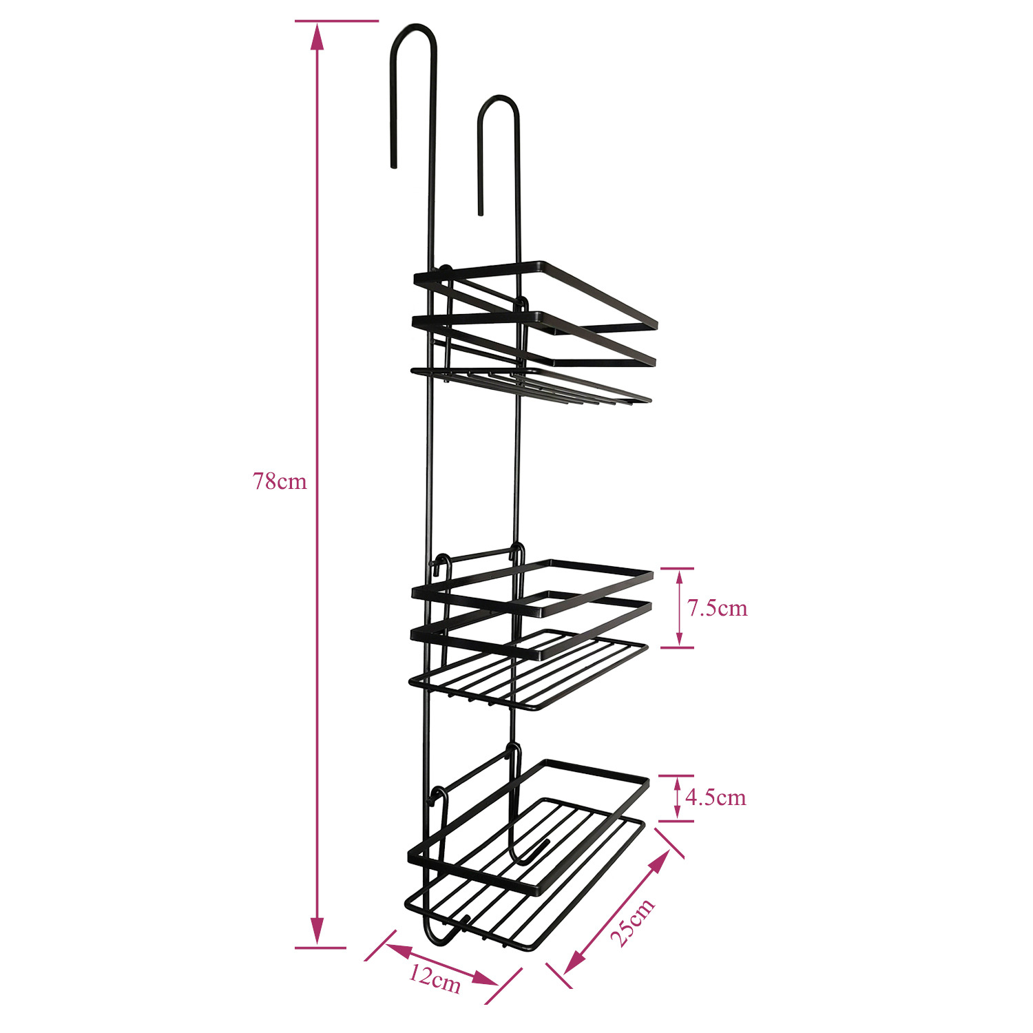 3 Tier Hanging Shower Caddy Bathroom Organiser - Black