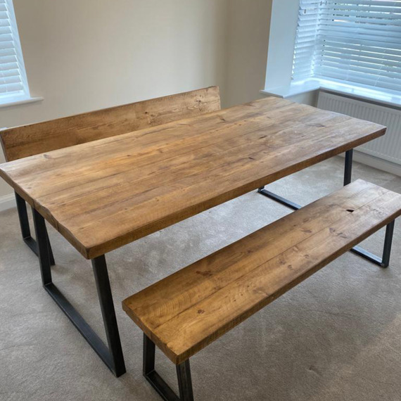 Rustic Handmade Dining Table plus Bench and Bench with Back - Jacobean
