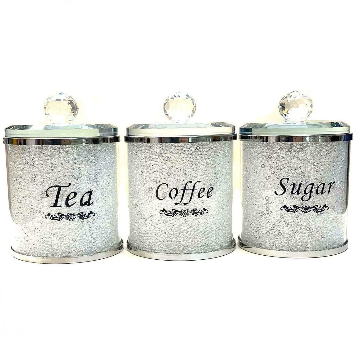 Set of 3 Crushed Crystal Diamond White Tea Coffee Sugar Jars - White