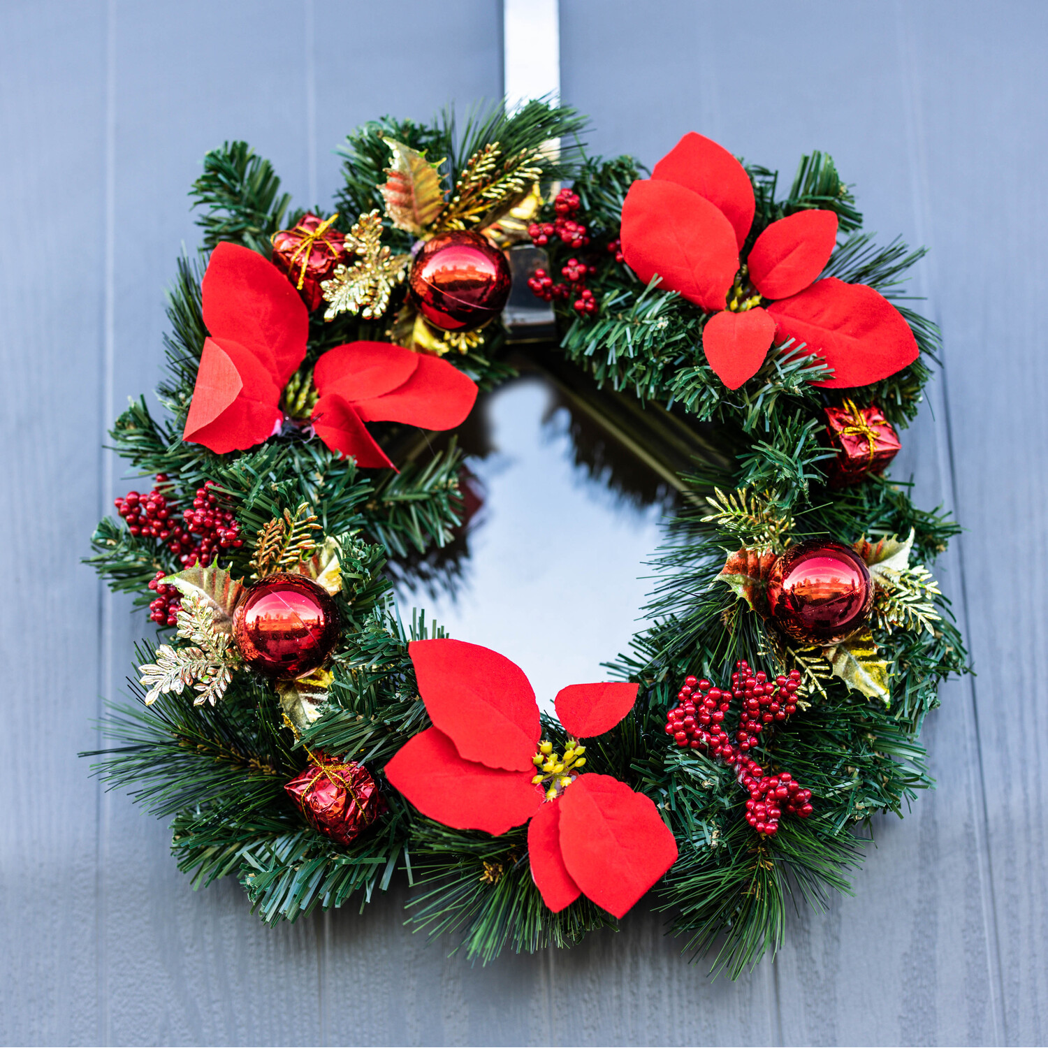 Artificial Door Wreath with Red Baubles and Poinsettia  - Green