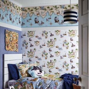 Pirates Ahoy Boat Ship Cream Blue Multi Kids Nature Wallpaper Border