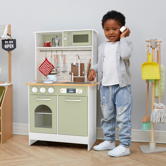 Teamson Kids Little Chef Boston Modern Wooden Kitchen Playset, WhiteGreen