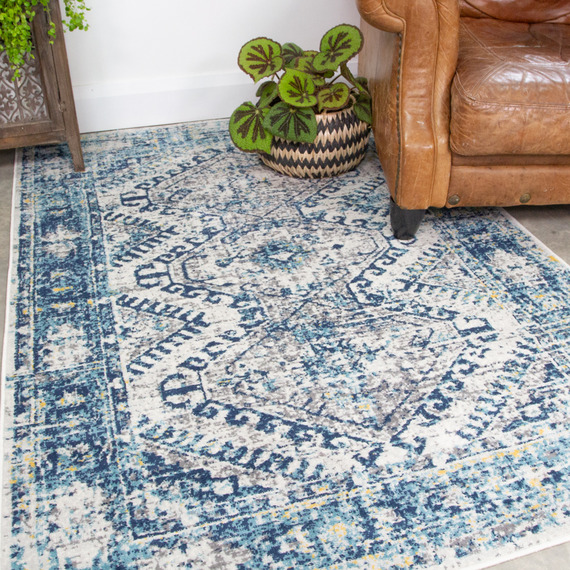 Distressed Geometric Bordered Living Area Rug