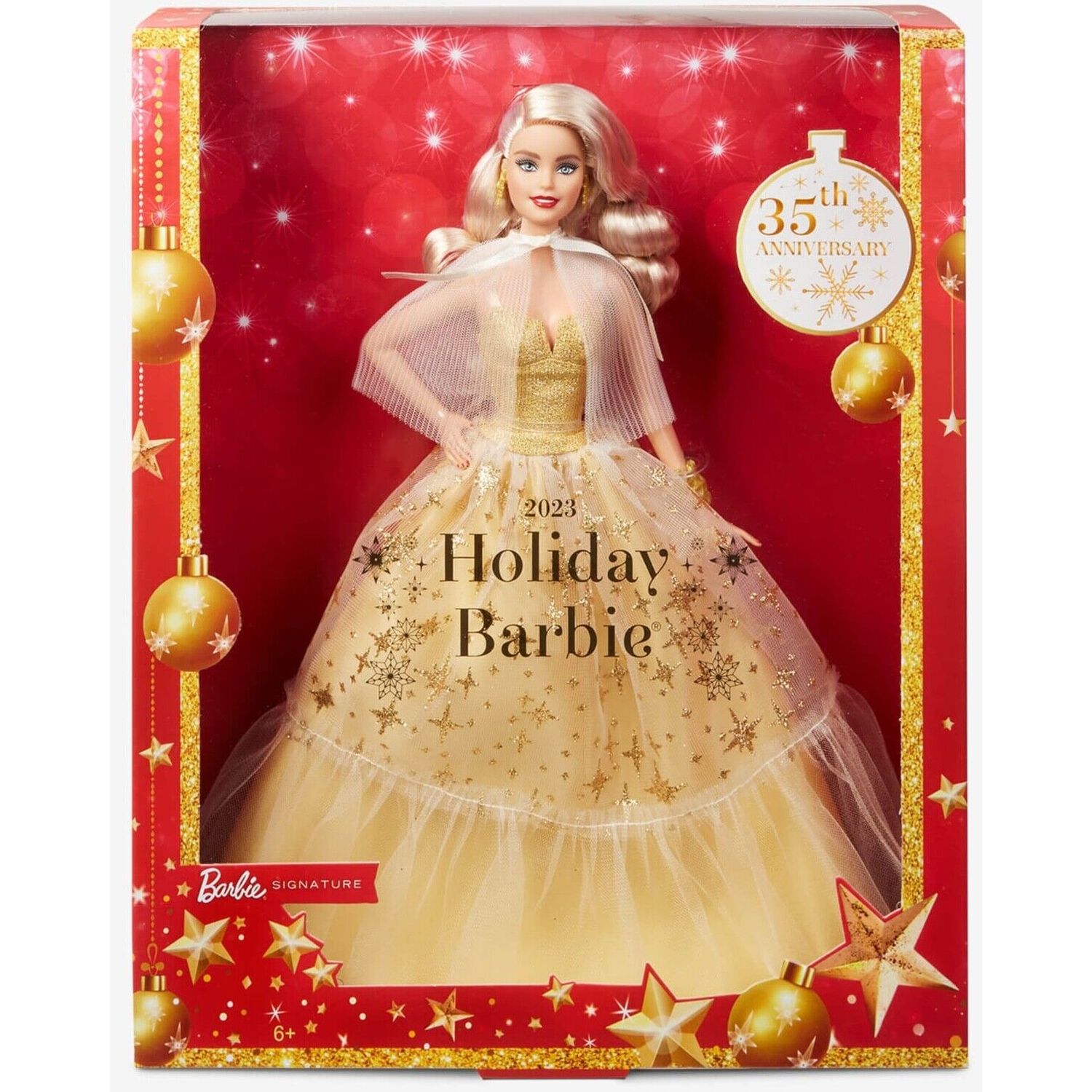 Image of Barbie 35th Anniversary Signature 2023 Holiday Barbie Blonde Doll - Gold