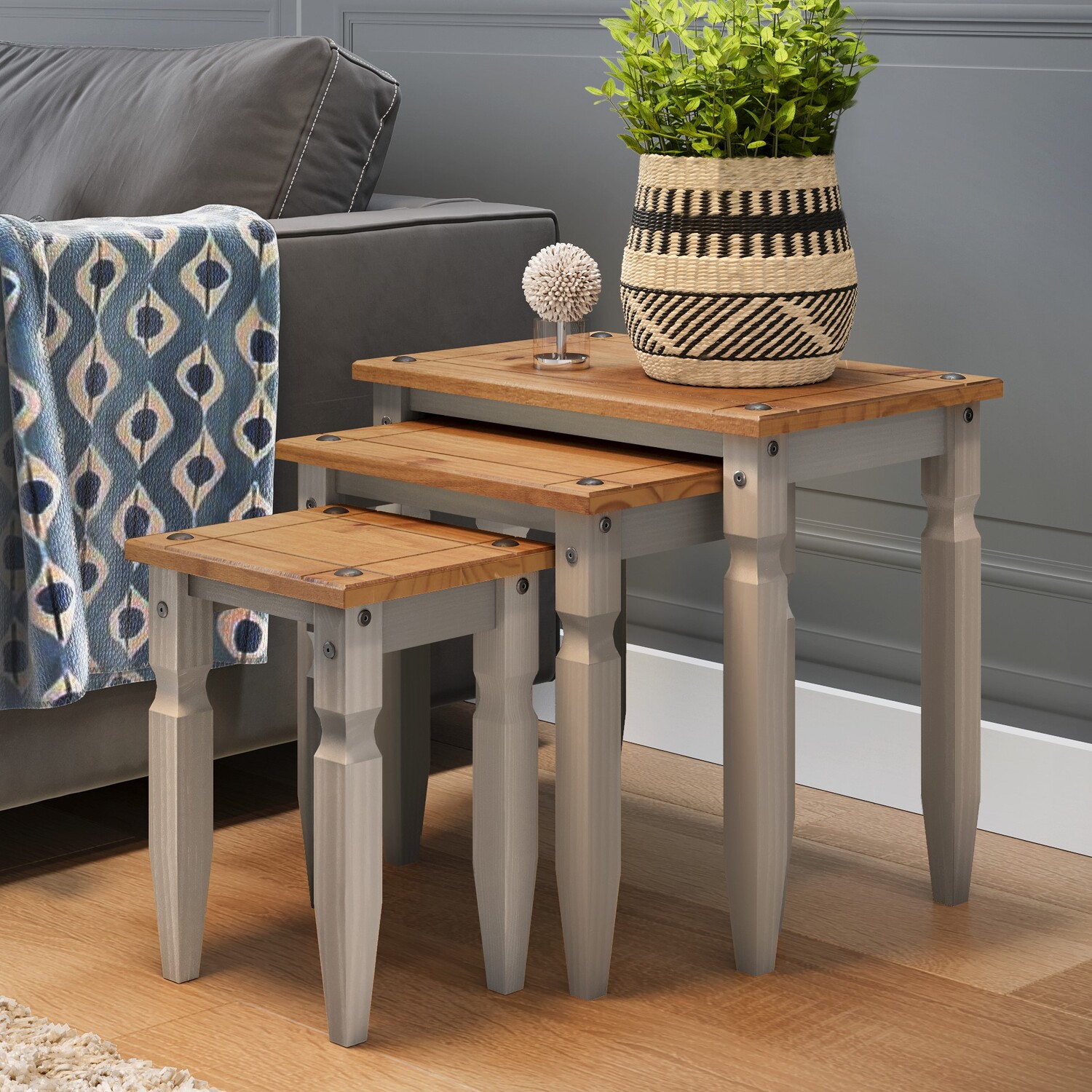 Corona Grey Wax Piccolo Nest Of 3 Tables Solid Wood Side End Pine Wooden - Distressed Grey Wax