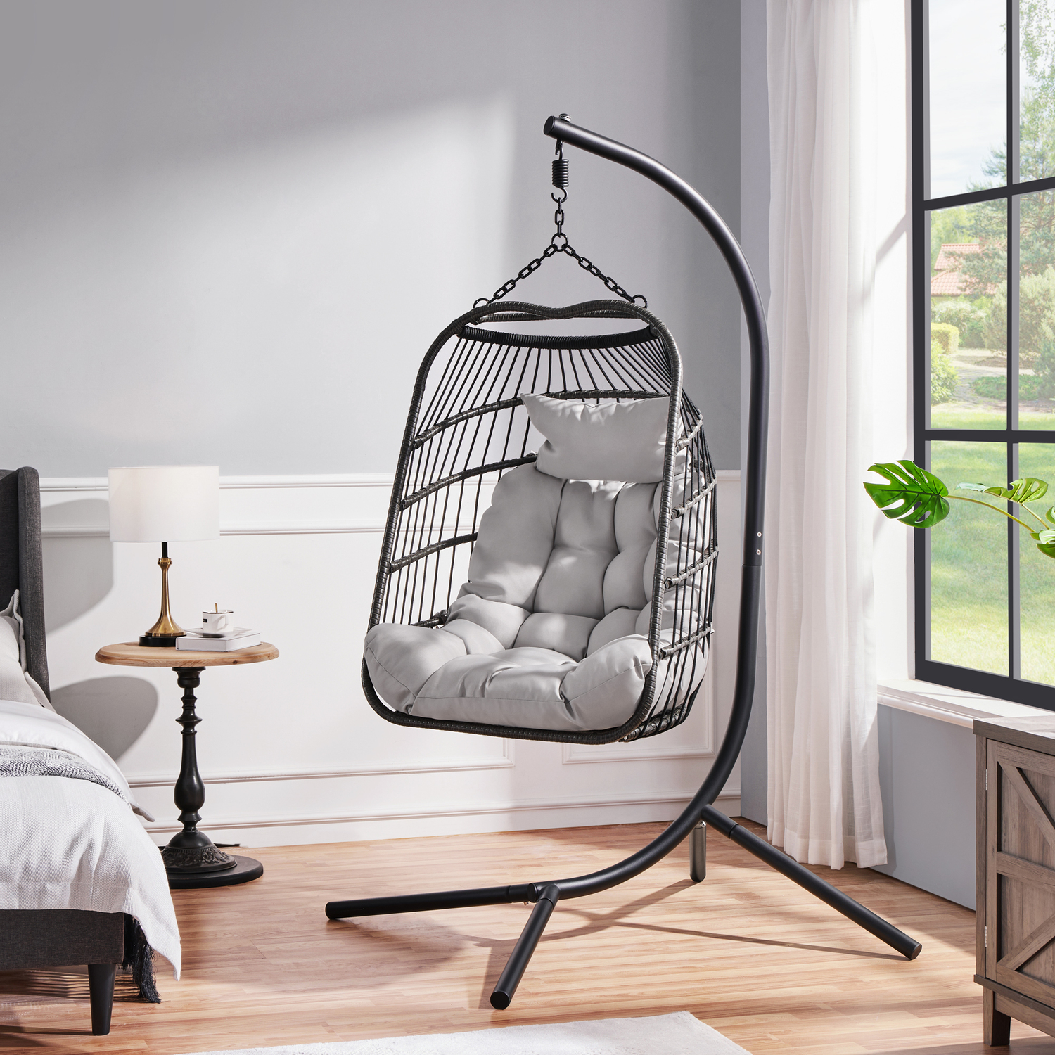 Foldable Rattan Swing Chair For Garden Outdoor Indoor - Black Grey