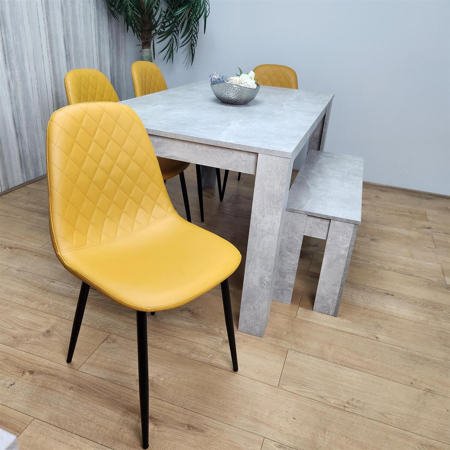 Stone Grey Effect Dining Table with 4 Mustard Chairs and 1 Bench Set