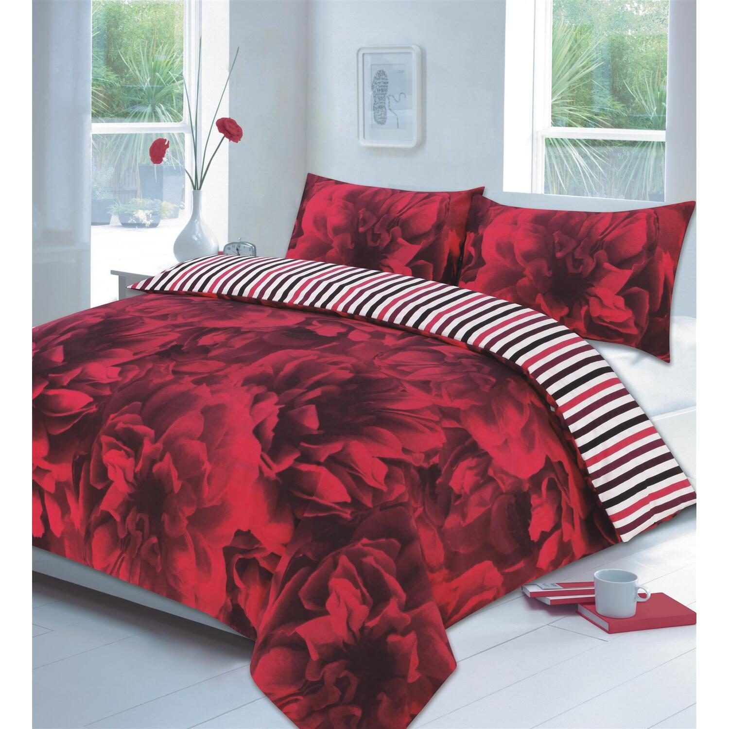 Rose Stripe Duvet Cover Set - Red King