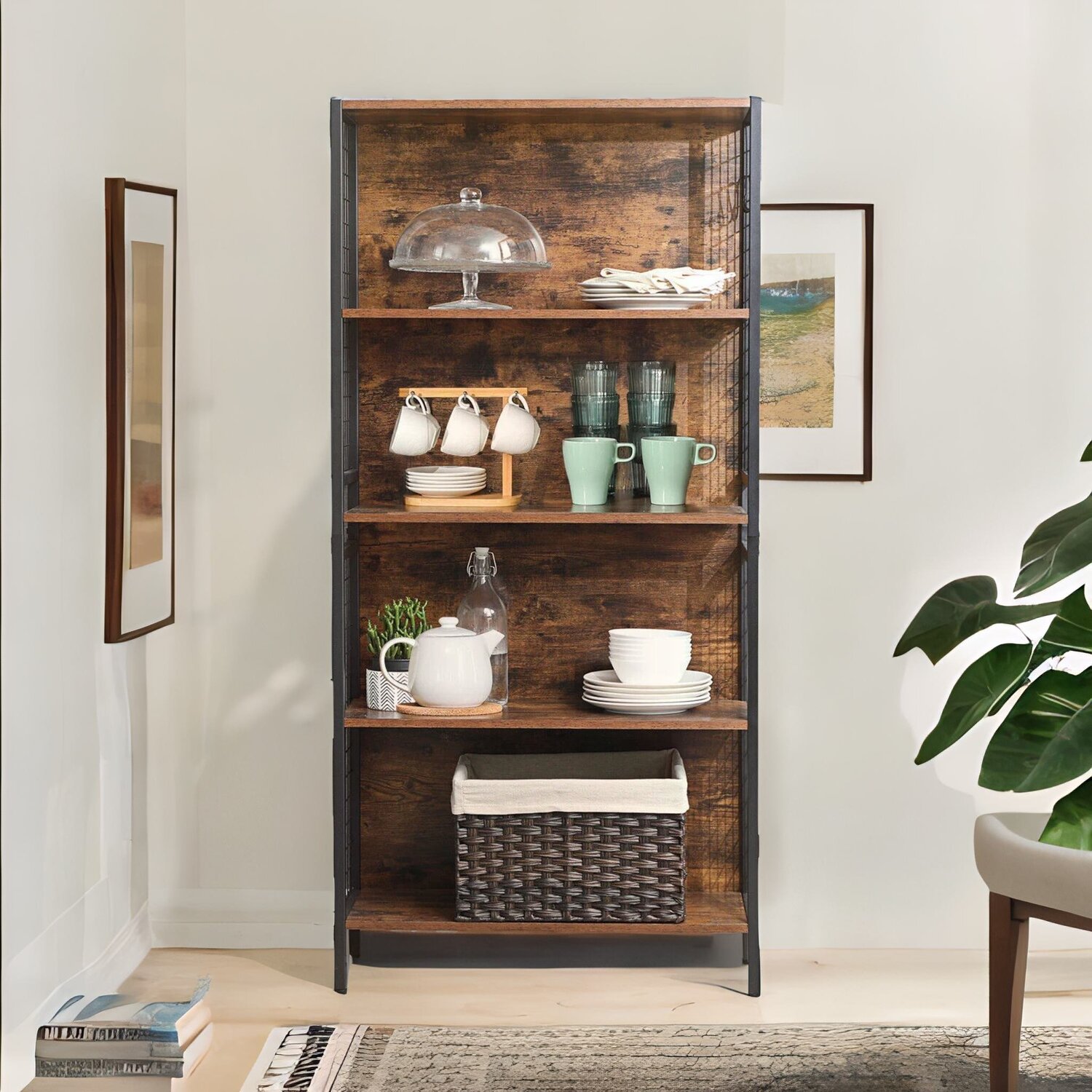 Industrial 4 Tier Bookcase Storage Cabinet Rustic Shelving Unit - Brown