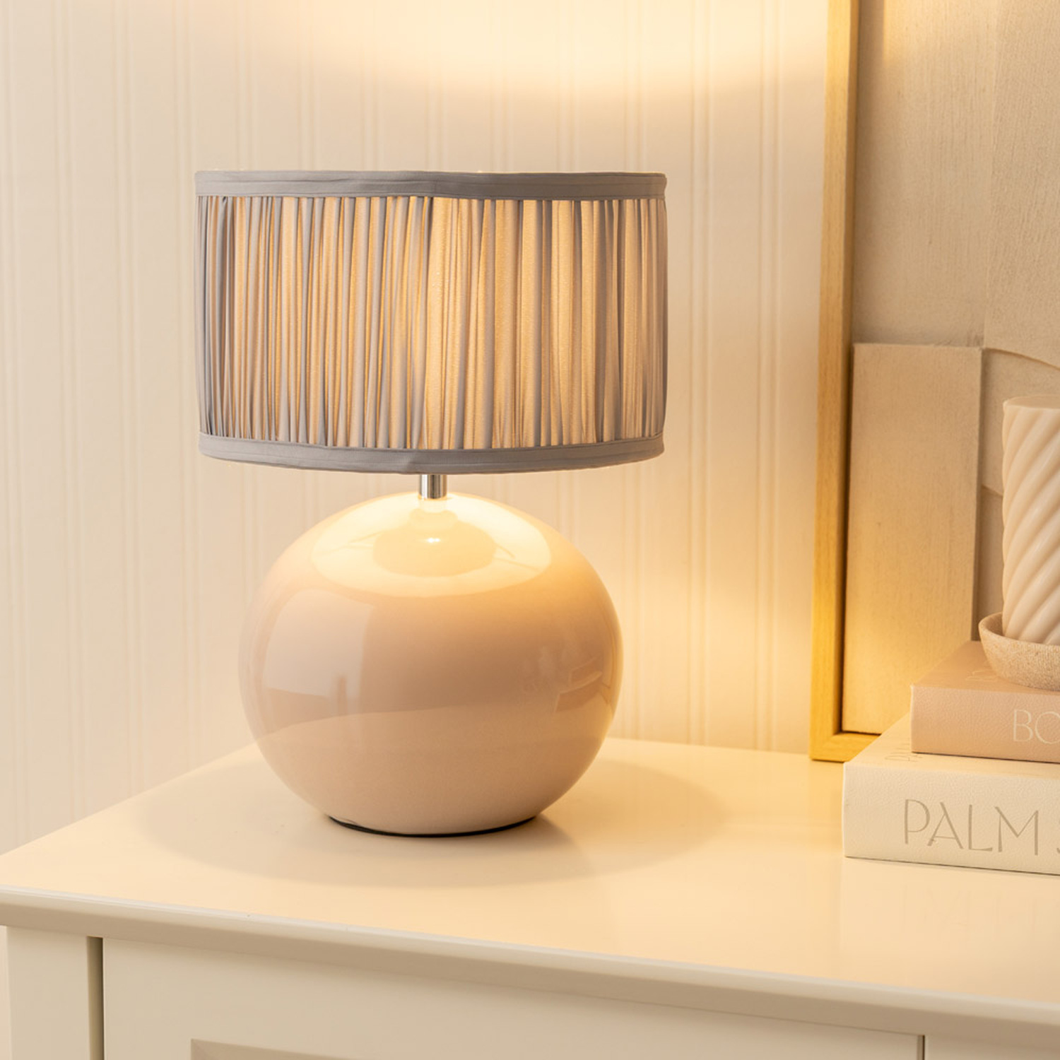 Bosco Stone Ceramic Table Lamp with Ruched Pleated Fabric Drum Lamp Shade - Powder Blue / Bulb Included