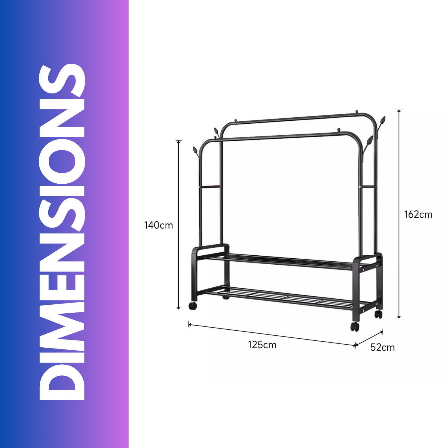 Heavy Duty Metal Clothes Rail Open Wardrobe With 2 Storage Shelves - Black