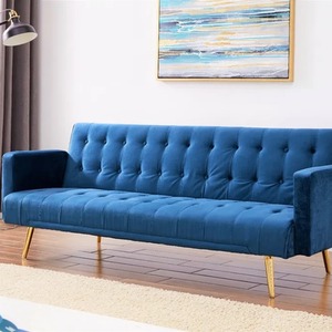 Plush Velvet Sofa Bed In Blue Green Grey or Pink With Gold Metal Legs