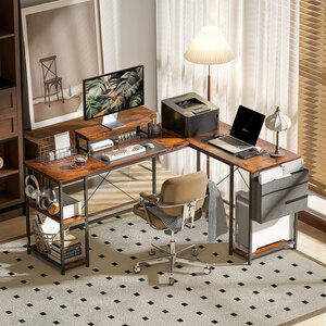 HOMCOM Reversible L Shaped Desk with Adjustable Shelf and Storage Bag