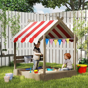 Outsunny Sandpit House Blackboard Sink Seats Flags