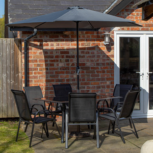 6 Person Garden Dining Table Chairs With Grey Parasol