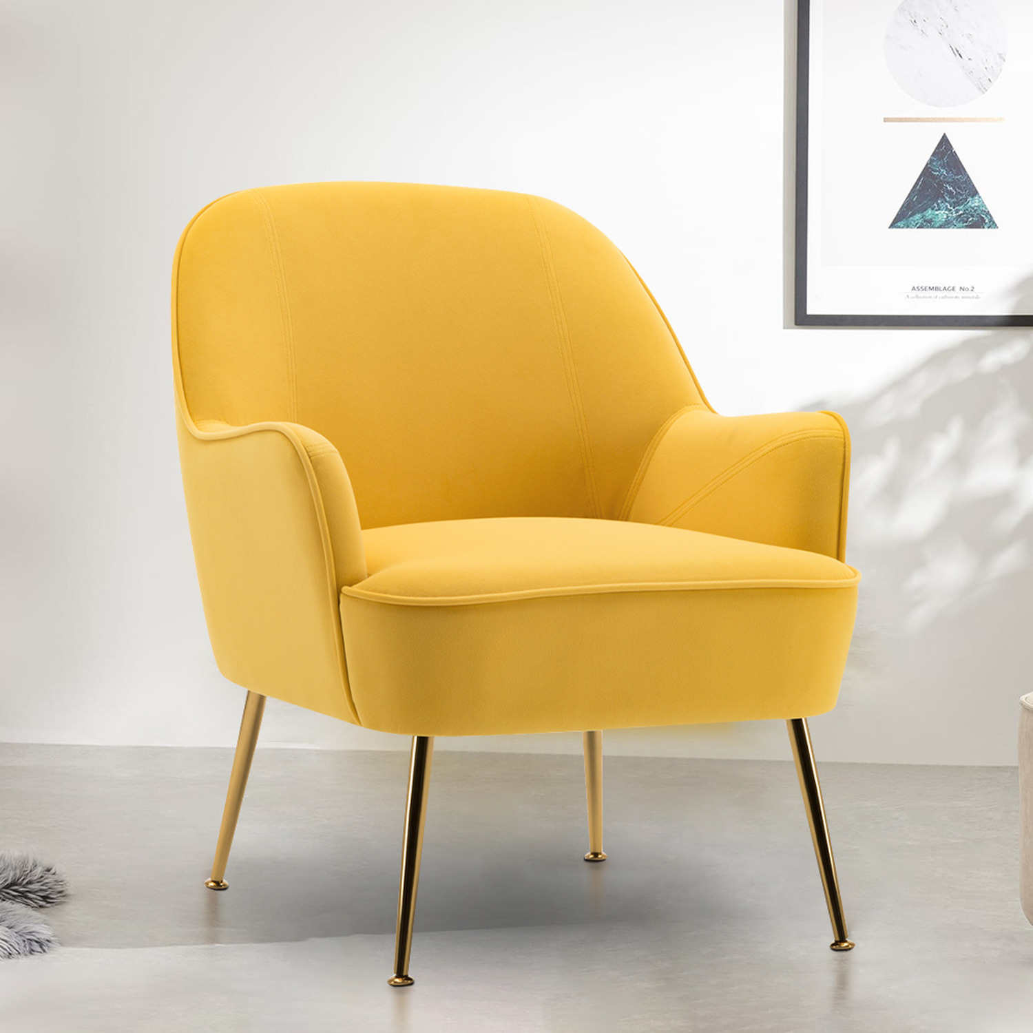 Velvet Upholstered Comfy Armchair with Gold-Plated Feet - Yellow