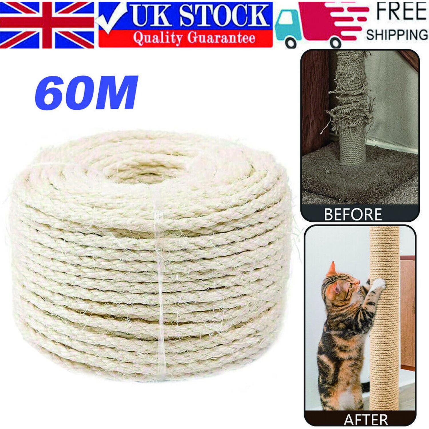 Natural Sisal Rope 60m for Cat Scratch Post Repair