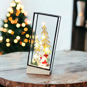 Hurricane Glass Holder with Light Up Festive Village  Santa Scene