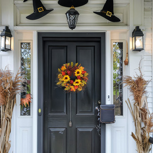 Sunflower and Berry Wreath with Bow and LED Lights