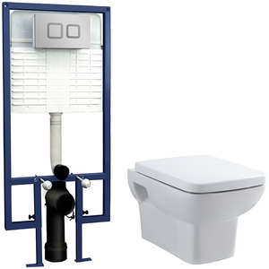 Wall Hung Toilet Pan, Seat Concealed Cistern Push Button Plate 360mm