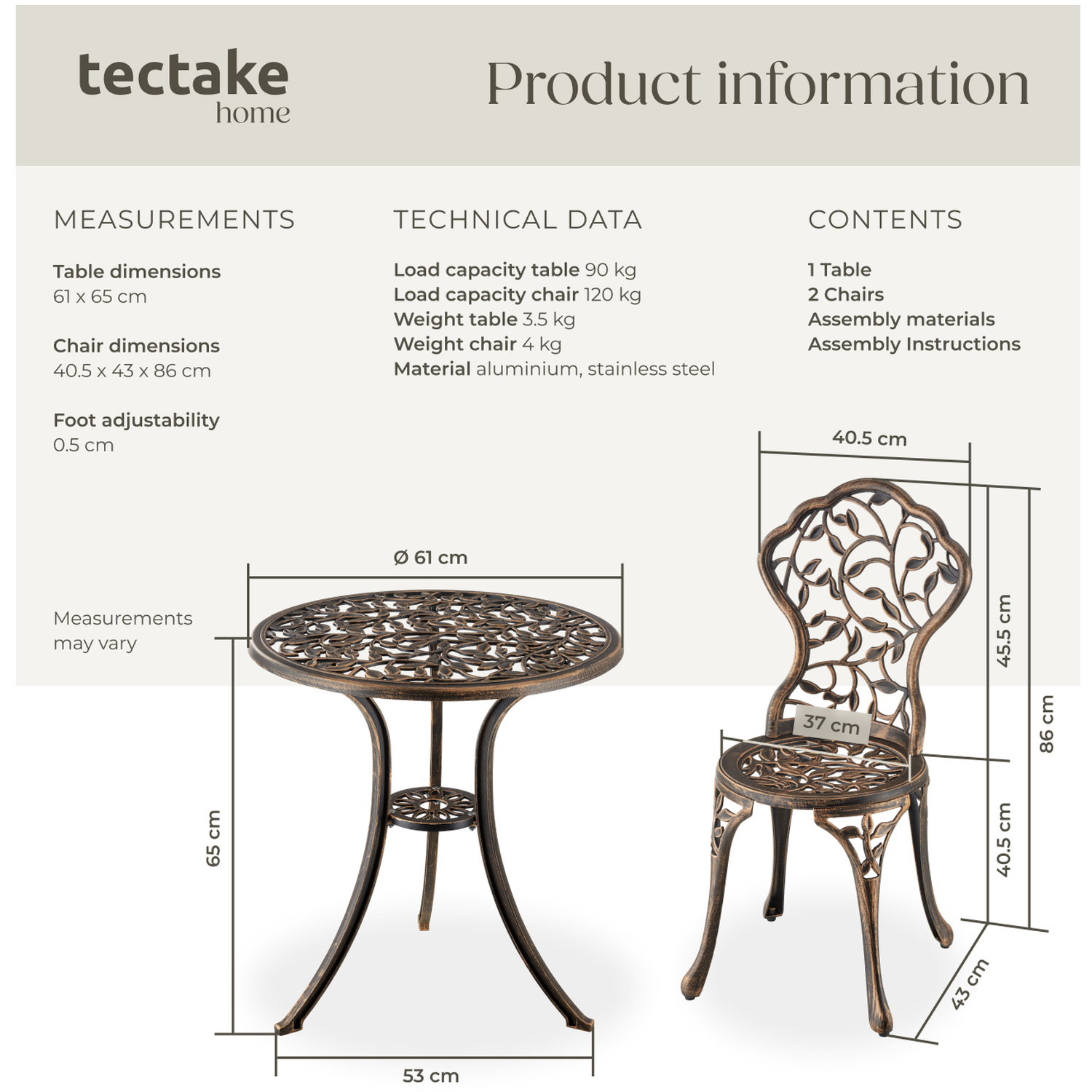 Garden Furniture Set With 2 Chairs And 1 Table In A Vintage Bronze Look - Black Grey