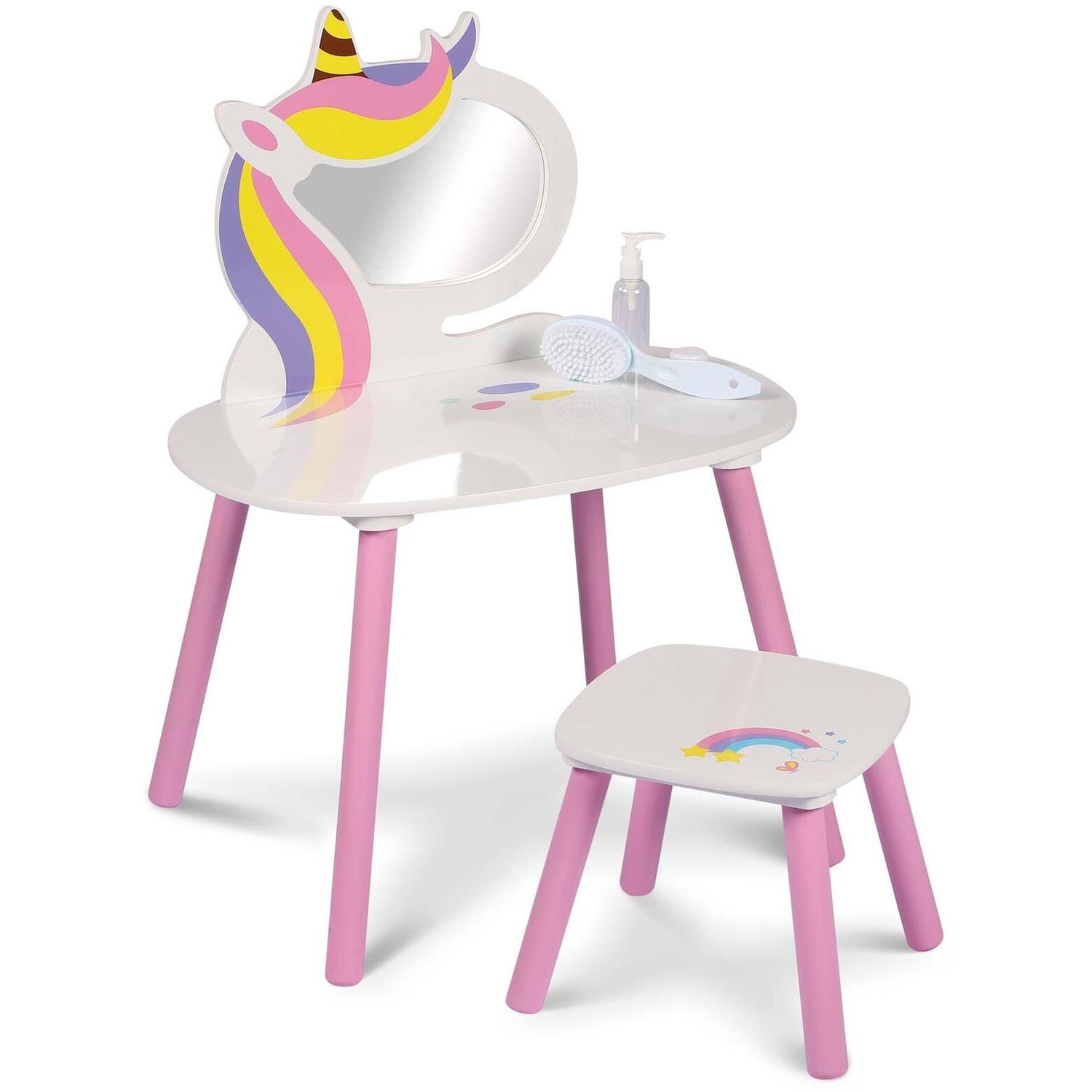 Unicorn Themed Vanity Table Set With Mirror And Stool - Pink
