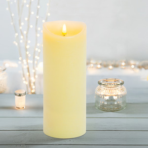Real Wax Flickering LED Battery Candle Dancing Flame Cream Pillar 23cm