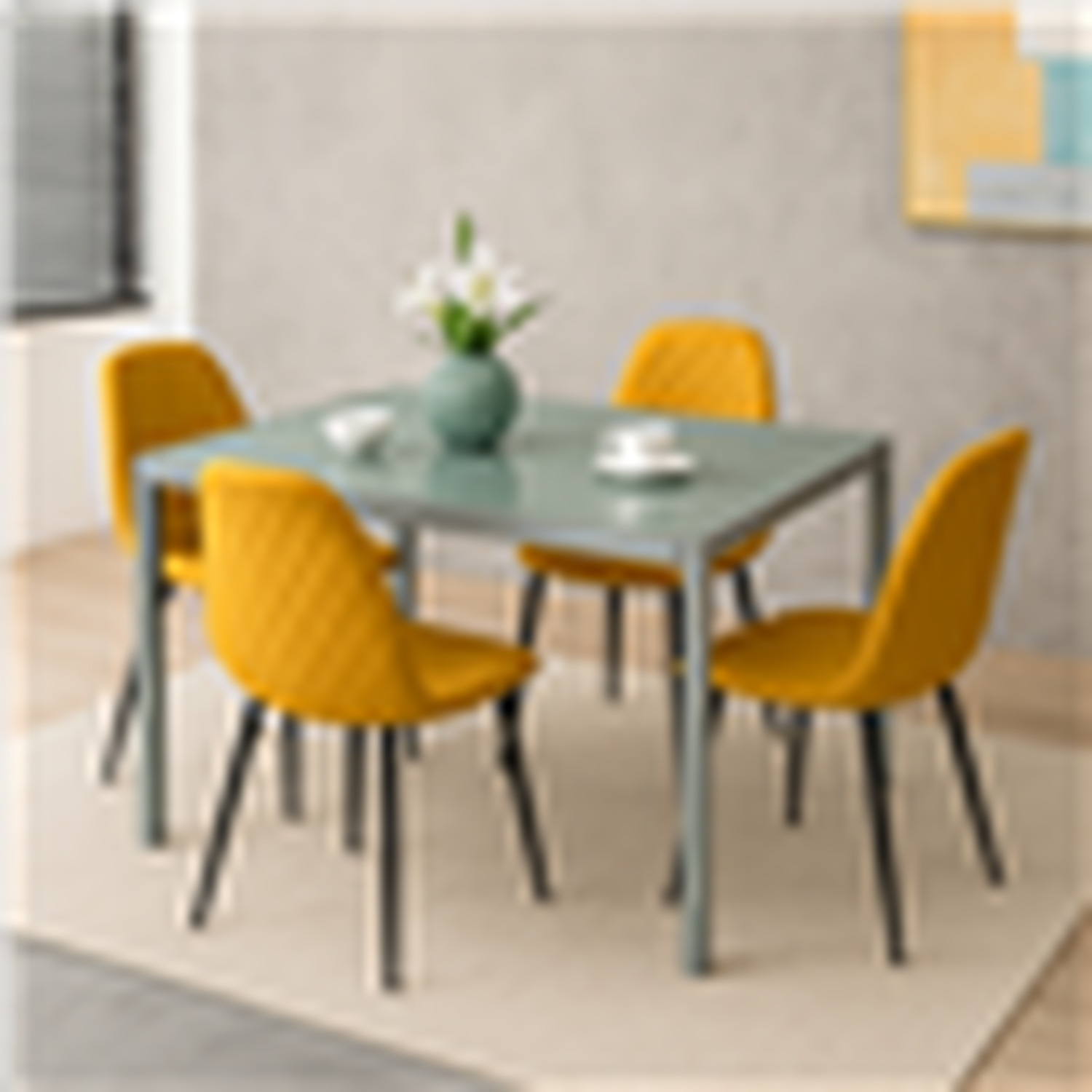 Modern Grey Glass Dining Table Set with 4 Mustard Chairs Dining Room ...