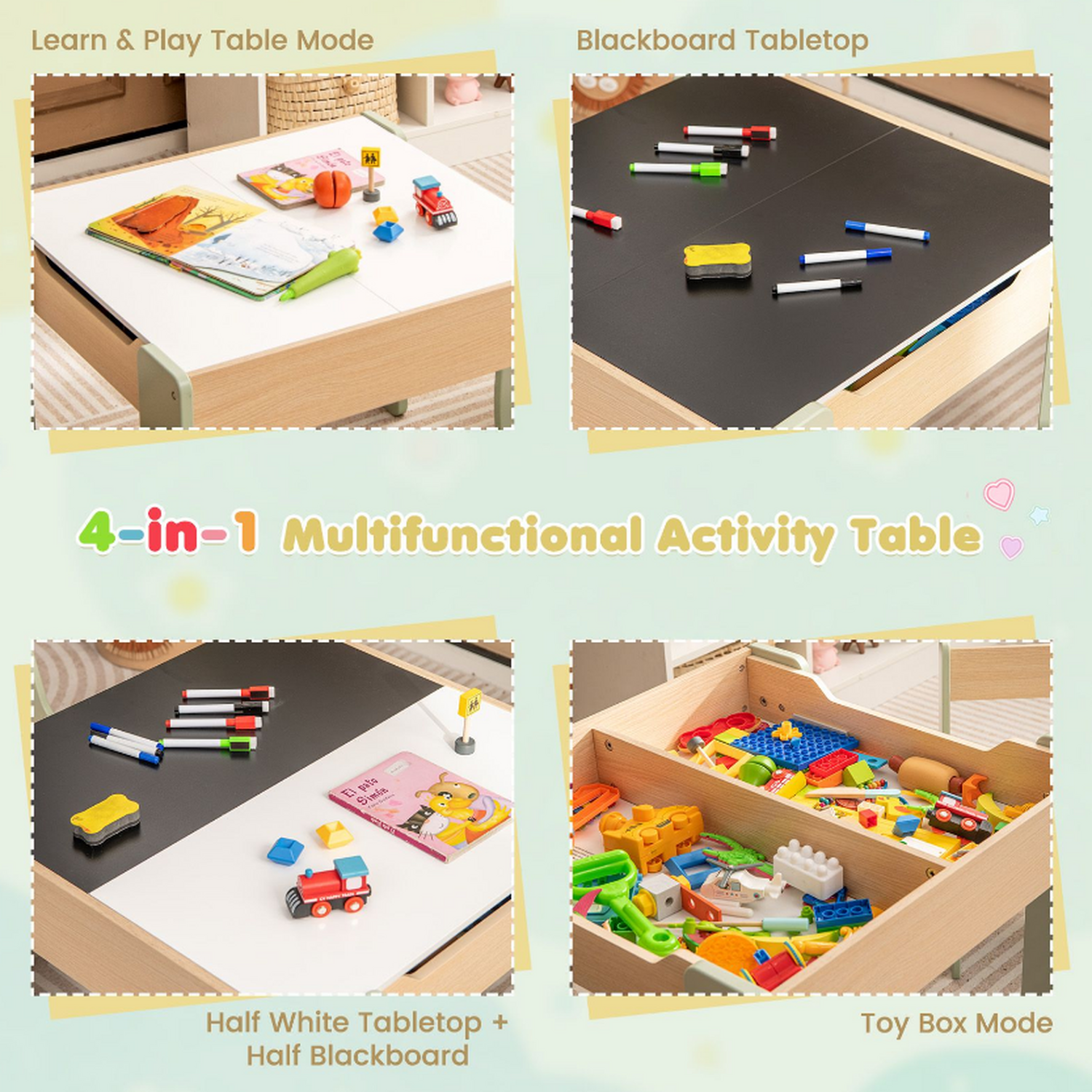 Kids Table And Chair Set With Hidden Storage - Green