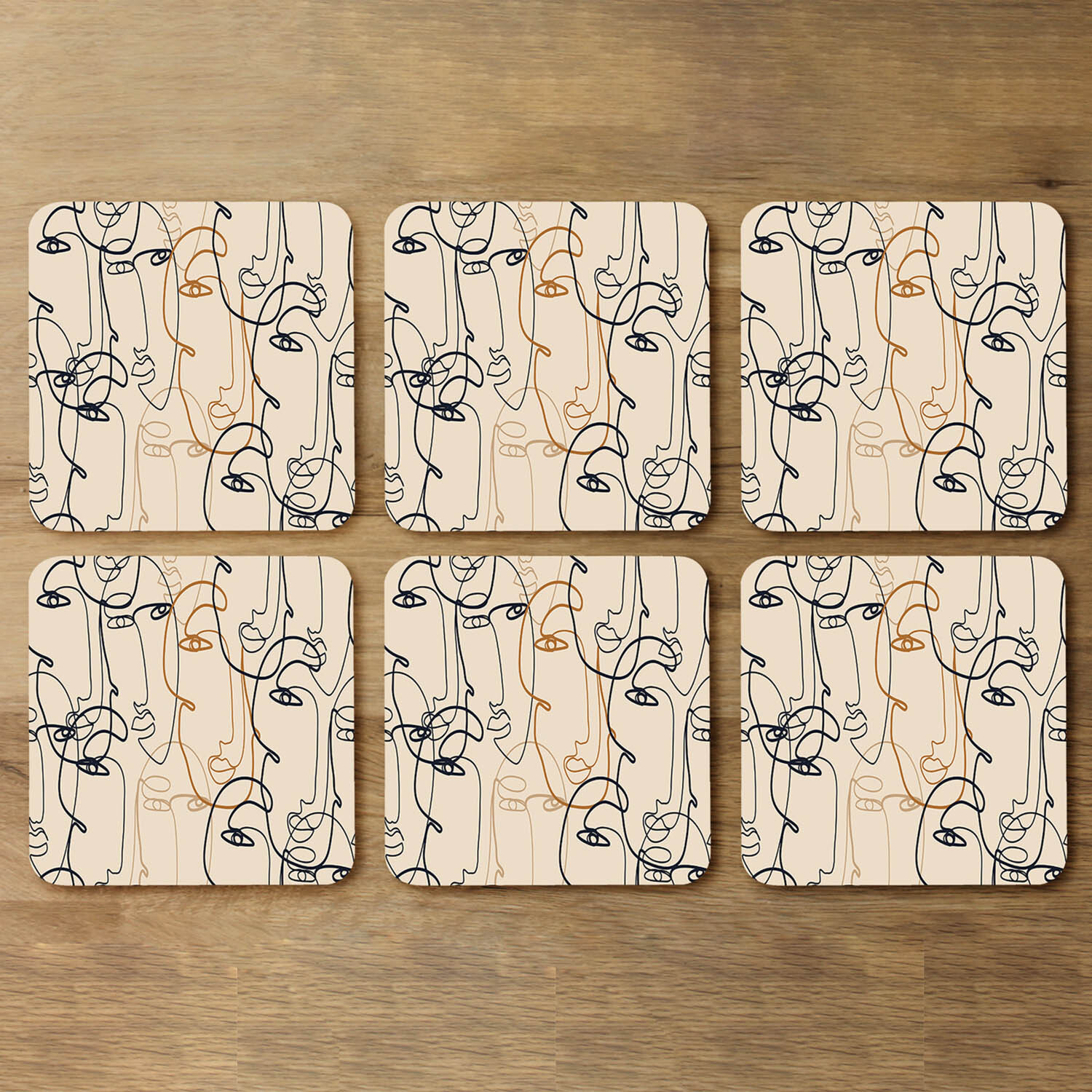 Continuous line drawing of faces Designer Coaster Set - Bronze
