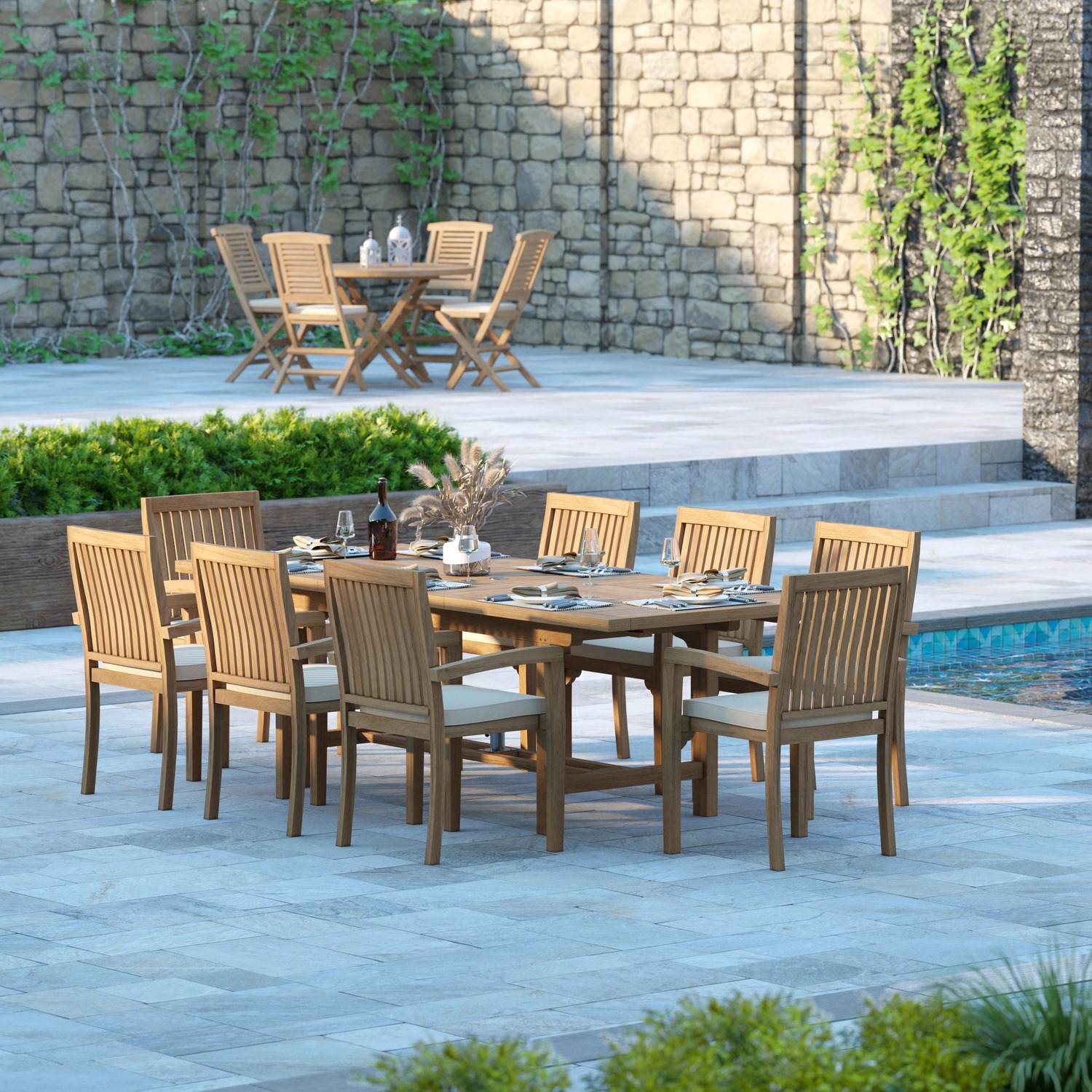 Duchy Teak Garden Dining Table And 8 Seat Chair Set - Teak Table 8 Chairs Black Cushions