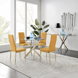 Novara 100cm Gold Round Dining Table and 4 Gold Leg Milan Chairs