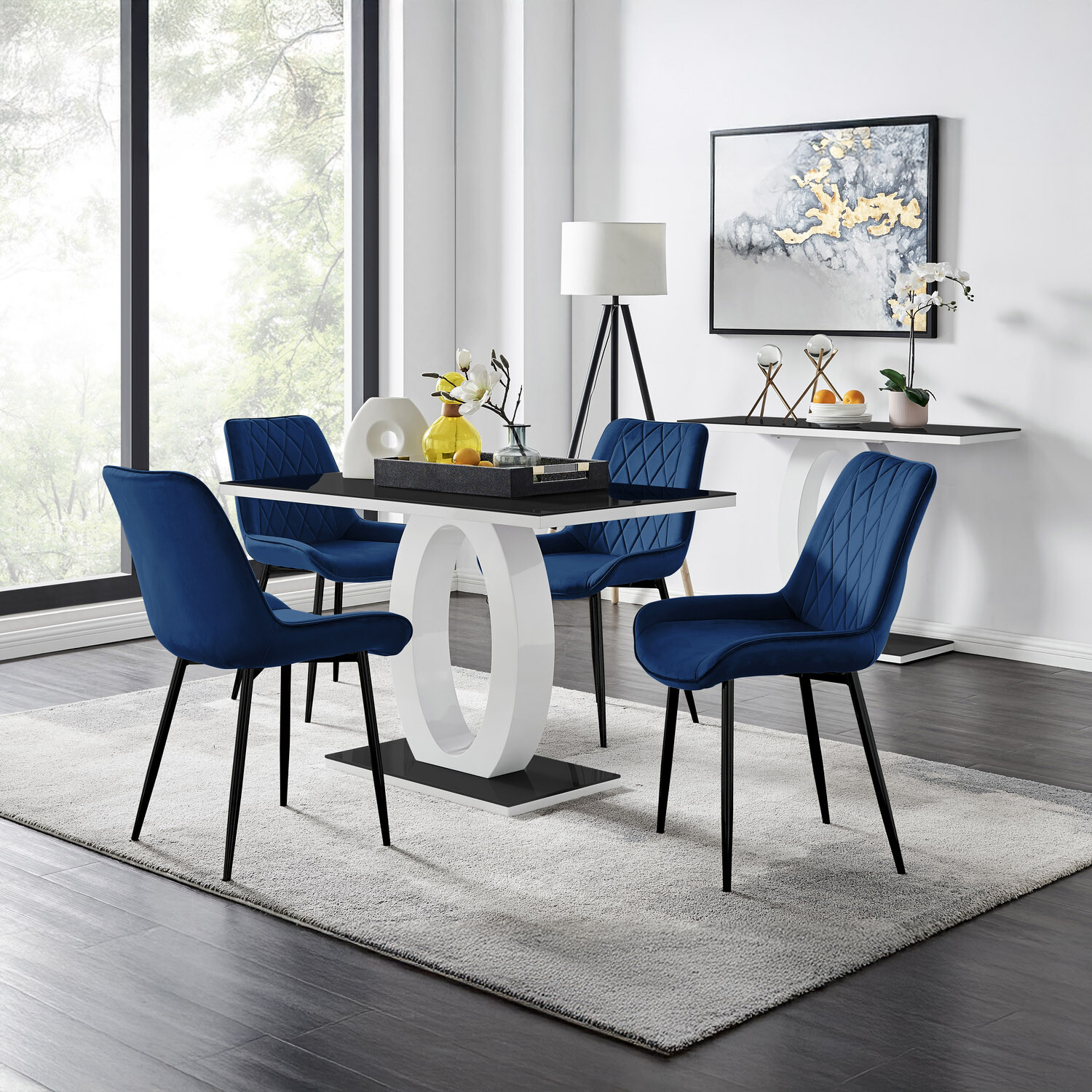 Giovani Black Dining Table With Four Pesaro Black Leg Chairs - Navy