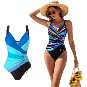 Women V Neck One Piece Swimsuit Ruched Tummy Control Bathing Suit